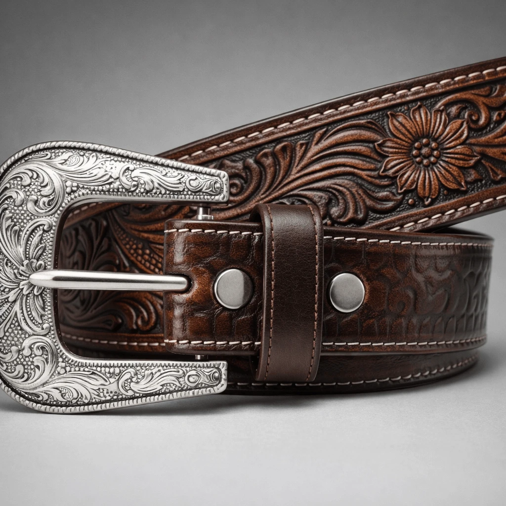 Handcrafted Genuine Leather Belt With Country Rodeo Buckle - 鏽棕色 - 查看 1
