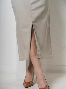 Long Jean Skirt With Frayed Hem - 奶油色 - View 4