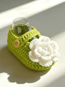 1 Pair Handmade Infant Booties, Green Crochet With White Flower Decor, Buckle Closure - Green - View 6