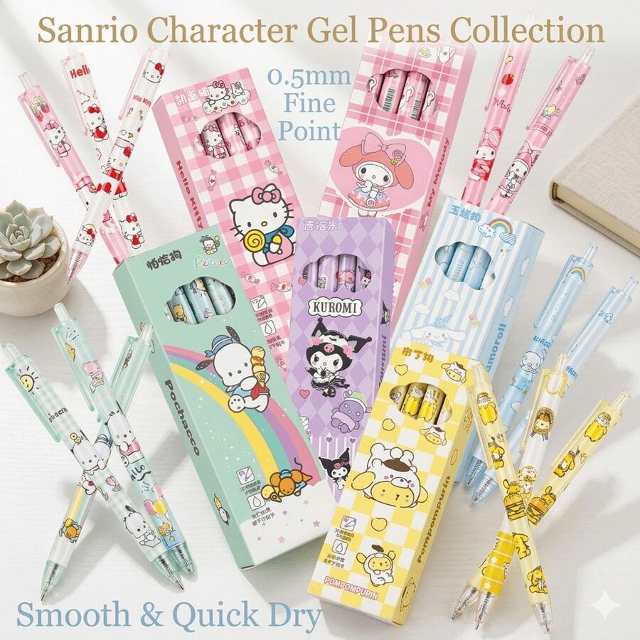 SANRIO 【三丽鸥系列畅销款】4支随机三丽鸥卡通人物中性笔，1盒，0.5mm黑色速干按动笔，可爱文具 - 多色 - 查看 1
