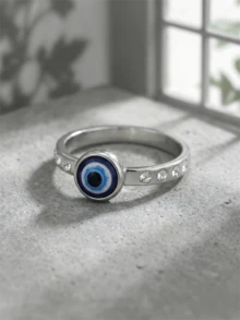 1pc Minimalist Evil Eye Ring For Men & Women, Silver Tone, Sizes 5-10, Blue Nazar Eye Charm With Crystal Rhinestone Inlay, Lucky Protection Amulet Jewelry Gift - 銀色 - 查看 7