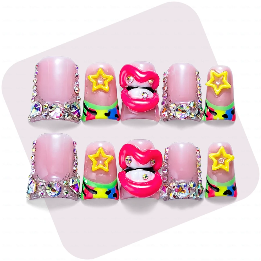 10pcs Handmade Short Duck Bill Press On Nails, Pink Jelly Base, 3D Lips Star Charms, Colorful Edge Design, Crystal Decorated Cute Statement Nails, For Party Vacation Photoshoot Daily Wear Gift For Women Girls Summer Easter - 粉色 - 查看 1