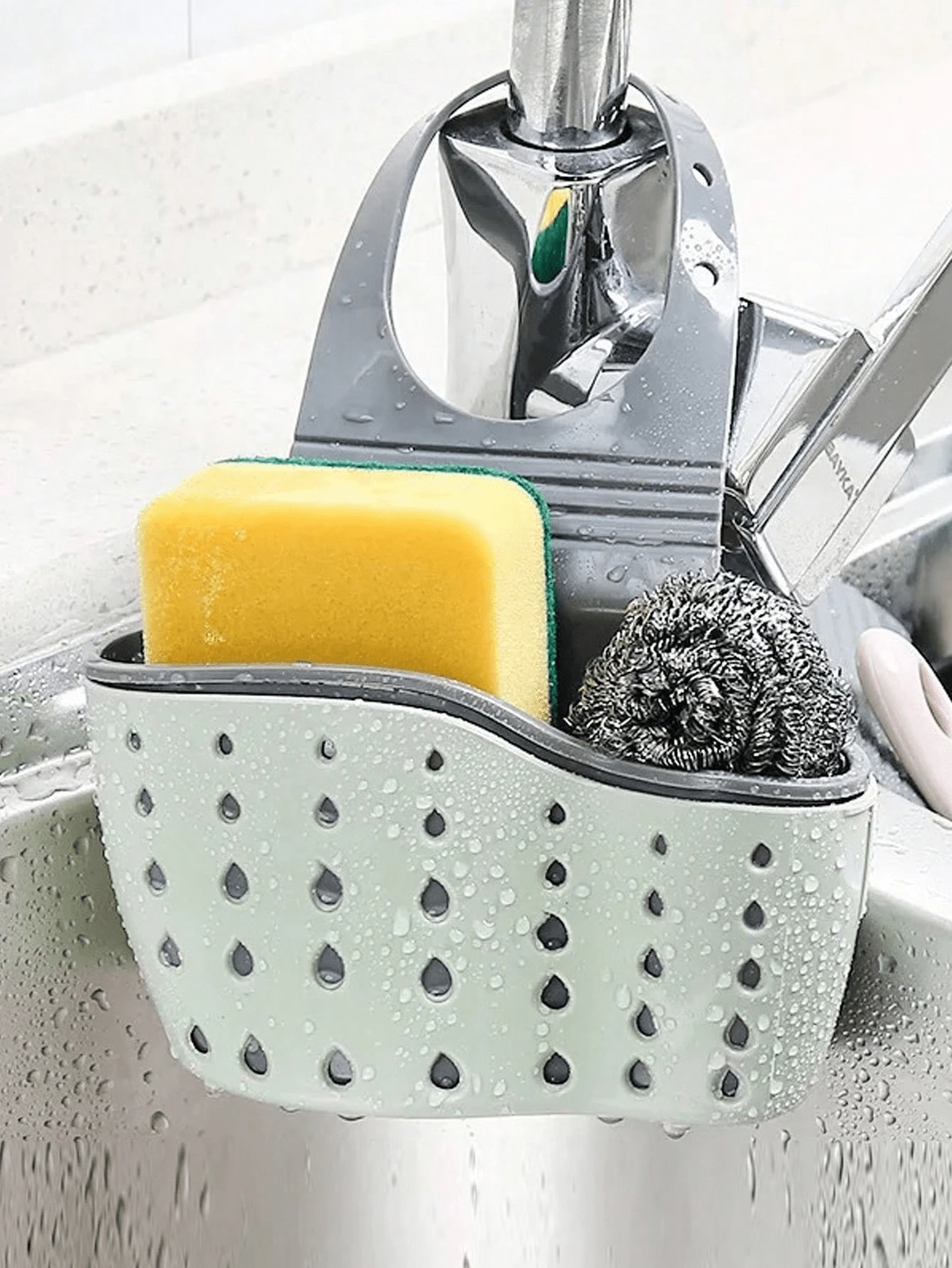 1 pieza Cesta de drenaje ajustable con caja de almacenamiento de silicona, estante colgante para fregadero, soporte para esponjas, cesta colgante para grifo, bolsa de almacenamiento de cocina, ideal para guardar esponjas y trapos de cocina