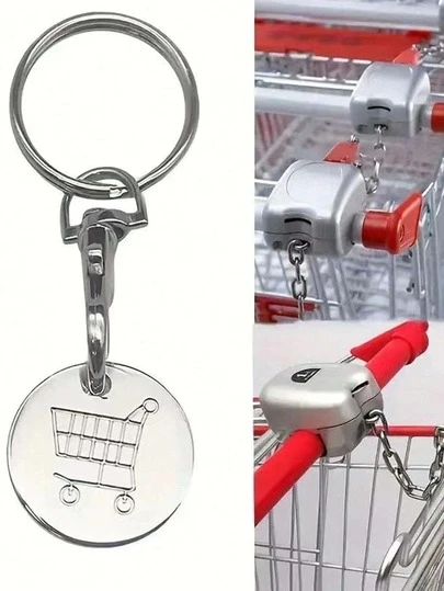 Bộ 1/3 món gồm thẻ xe đẩy mua sắm siêu thị, móc khóa kim loại thép không gỉ kèm chìa khóa mở xe đẩy, phụ kiện trang trí.