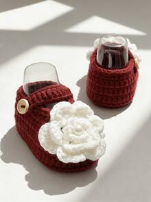 1 Pair Handmade Infant Booties, Green Crochet With White Flower Decor, Snap Closure - Burgundy - View 3