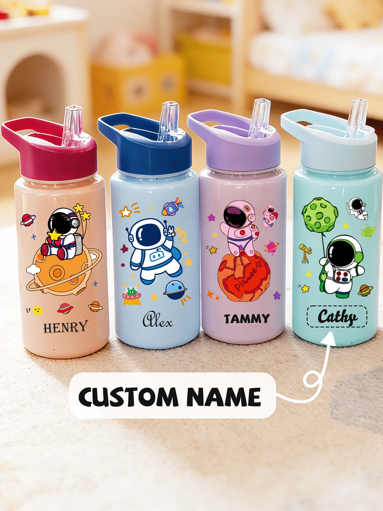 Botol Minum 500ml dengan Sedotan, Motif Kartun Astronot & Elemen Luar Angkasa, Dapat Dikustomisasi untuk Pelajar - MultiWarna - View 1