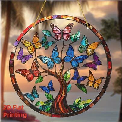 2D Flat Life Tree Butterfly Suncatcher - 8"X8" Colorful Glass Style Acrylic Window Decor, Modern Garden/Entryway Wall Art, Unique Gift For Friends, Parents, Grandparents, Exquisite Detailed Design, Home Decor, Interior Designer Exclusive, Colorful Butterfly Hanging Ornament
