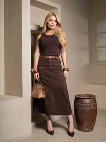 Women's Long Denim Skirt With Pockets, Flared Hem, Frayed Waist, Elegant - Café integral - Ver 5