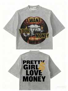 Fly "I Want Your Money" Hip-Hop Flow T-Shirt% Pure Cotton Double-Sided Printed T-Shirt, Suitable For Men And Women, The Best Gift For Summer Casual Short Sleeved T-Shirt-Premium Cotton Graphic Printed Round Neck T-Shirts-Unisex Loose - Fit Comfortable Vintage Street - Style Cotton T - Shirt Top - 灰色 - 查看 16