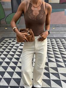 HZXVIC 女士夏季新款性感蕾丝拼接深V领吊带连体衣，优雅 - 棕色 - 查看 6