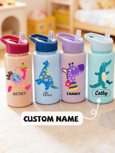 Nume personalizabil, sticlă de apă pentru copii de 500 ml cu cană drăguță cu paie, elemente de animale din desene animate, cel mai bun cadou pentru fete și băieți pentru întoarcerea la școală sau absolvire, sticlă de apă pentru sporturi în aer liber, cană de desene animate pentru elevi de școală