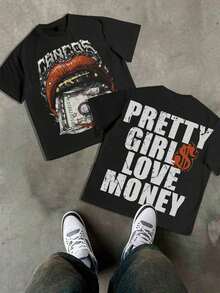 Fly "I Want Your Money" Hip-Hop Flow T-Shirt Pure Cotton Double-Sided Printed T-Shirt, Suitable For Men And Women, The Best Gift For Summer Casual Short Sleeved T-Shirt-Premium Cotton Graphic Printed Round Neck T-Shirts-Unisex Loose - Fit Comfortable Vintage Street - Style Cotton T - Shirt Top,"Pretty Girls Love Money - Red Lips & Dollar" Graphic T‑Shirt: Features Golden Gun Details And "CHICOS" Letter Print On The Front, With Bold "PRETTY GIRLS LOVE MONEY" Lettering On The Back - Đen 2 - Xem 18