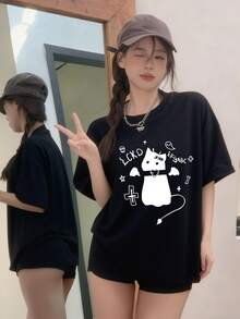 女士黑色针织圆领短袖T恤，印有趣味快餐图案，常规长度，略有弹性 - 黑色 - 查看 3