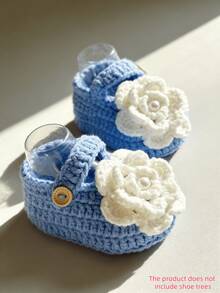 1 Pair Handmade Infant Booties, Green Crochet With White Flower Decor, Snap Closure - Baby Blue - View 9
