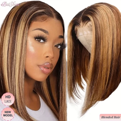 32 Inch 13x4 13x6 5x5 Brazilian Virgin Hair Human Blended Hair Wig 12A Straight 100% Unprocessed HD Transparent 200 Density Lace Front Wig For Women, Pre Plucked #4/27 Honey Blonde Ombre Highlight Colored Wigs, No Shedding Soft And Silky