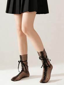 1双白色/黑色薄款玻璃丝网袜，带蕾丝蝴蝶结，适合春夏穿着 - 彩色 - 查看 3