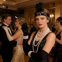 7件套1920年代复古项链手套羽毛头饰万圣节派对舞会配饰，包括1个羽毛头饰、1条项链、1个手链、1副手套、1个烟嘴和2副耳环。 - 黑色 - 查看 6