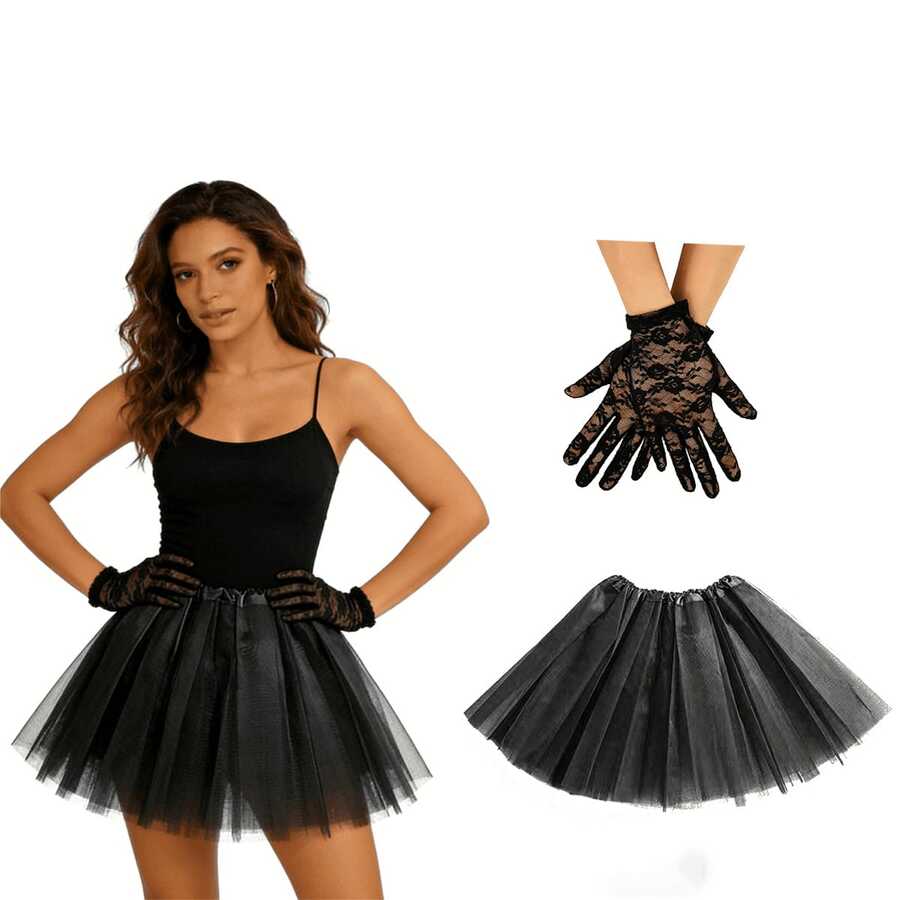 80年代公主蓬蓬裙三件套，舞蹈表演服装套装，包含2副露指手套和1条多层蓬蓬裙 - 黑色 - 查看 1