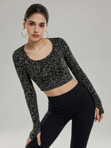 ZULIZ KYRLSSU Leopard Print U-Neck Open Back Long Sleeve Cropped Sports Top - Black - View 3