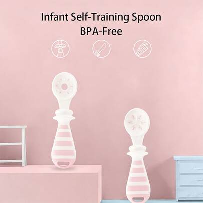 2pcs Baby Training Spoon Set, , With Anti-Choke Guard, Double-Ended Licking Design, Heat Resistant, Suitable For Babies 6 Months And Above To Self-Feed