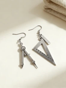 2pcs Fashionable Creative Exaggerated Compass Ruler Design Earrings, Retro Minimalist Earrings, Great Gift For Teachers And Graduates - Silver - View 6