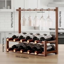 ERUIV Wooden Wine Rack With Glass Holder, 10 Bottle 5 Glass Countertop Wine Storage Rack, Freestanding Wine Bottle Holder For Home Bar Kitchen Dining Room, Wood Wine Organizer For Red Wine Champagne - 475多功能紅酒架-二層10瓶 - 查看 2