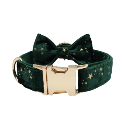 2pcs Adjustable Green Star & Bow Tie Dog Collar Set, With Quick Release Buckle, Soft & Durable, Multiple Sizes Available, Holiday Pet Accessory, Dog Collar, Pet ID, Fashionable Pet Accessory, Metal Fittings, Suitable For Small, Medium And Large Dogs, Pet Collar, Zinc Alloy Design, Long-Lasting