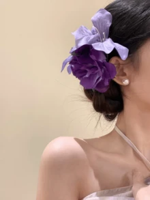 1pc 2-Flower Bicolor Purple Rose & Lily Faux Flower Hair Clip, Spring/Summer Vibe Photo Prop, Side Hairpin For Bridal, Photoshoot, Beach Vacation, Various Outfits - Purple - View 5