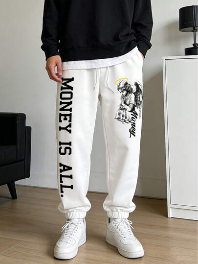 pantalones de hombre ropa de hombre pantalones baggy Delgado, cómodo y transpirable. Pantalones casuales para hombre, pantalones deportivos con cordón y estampado de letras de ángel, cómodos y suaves, adecuados para el uso diario y actividades al aire libre, pantalones de hombre para todas las estaciones.