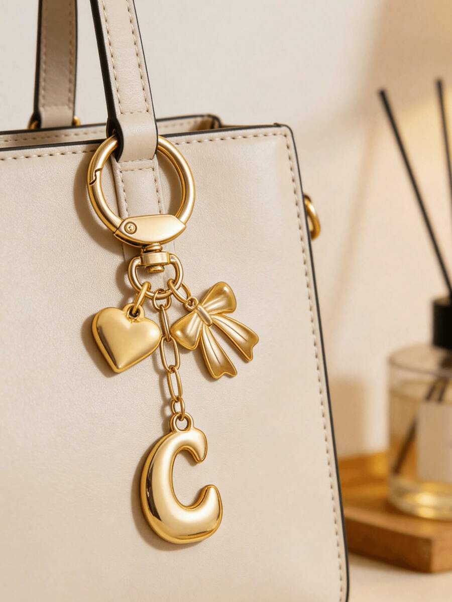 1 Pc A-Z Gold Bubble Letter Keychain With Heart And Bow, Round Clasp Initial Bag Charm,For Key Handbag Backpack, Personalized Gift For Women Girls,Perfect Gift - Multicolor - View 1