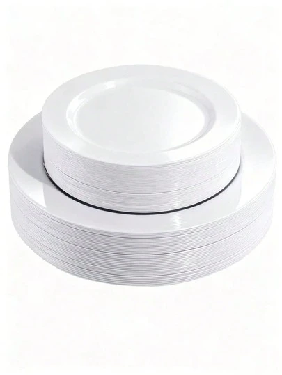 Bộ 50/25/10/1 đĩa tiệc trắng tái sử dụng (7.5 inch và 10.25 inch), thích hợp cho tiệc chiêu đãi và món khai vị - Hoàn hảo cho các bữa tiệc, đám cưới, sinh nhật và các sự kiện phục vụ ăn uống (Giáng sinh/Ngày lễ tình nhân/Ngày của Mẹ), đồ dùng đám cưới, bộ đồ ăn sự kiện, đĩa thời trang, bộ đồ ăn trang nhã, nhẹ và bền, thích hợp cho các buổi họp mặt gia đình và dịch vụ ăn uống.