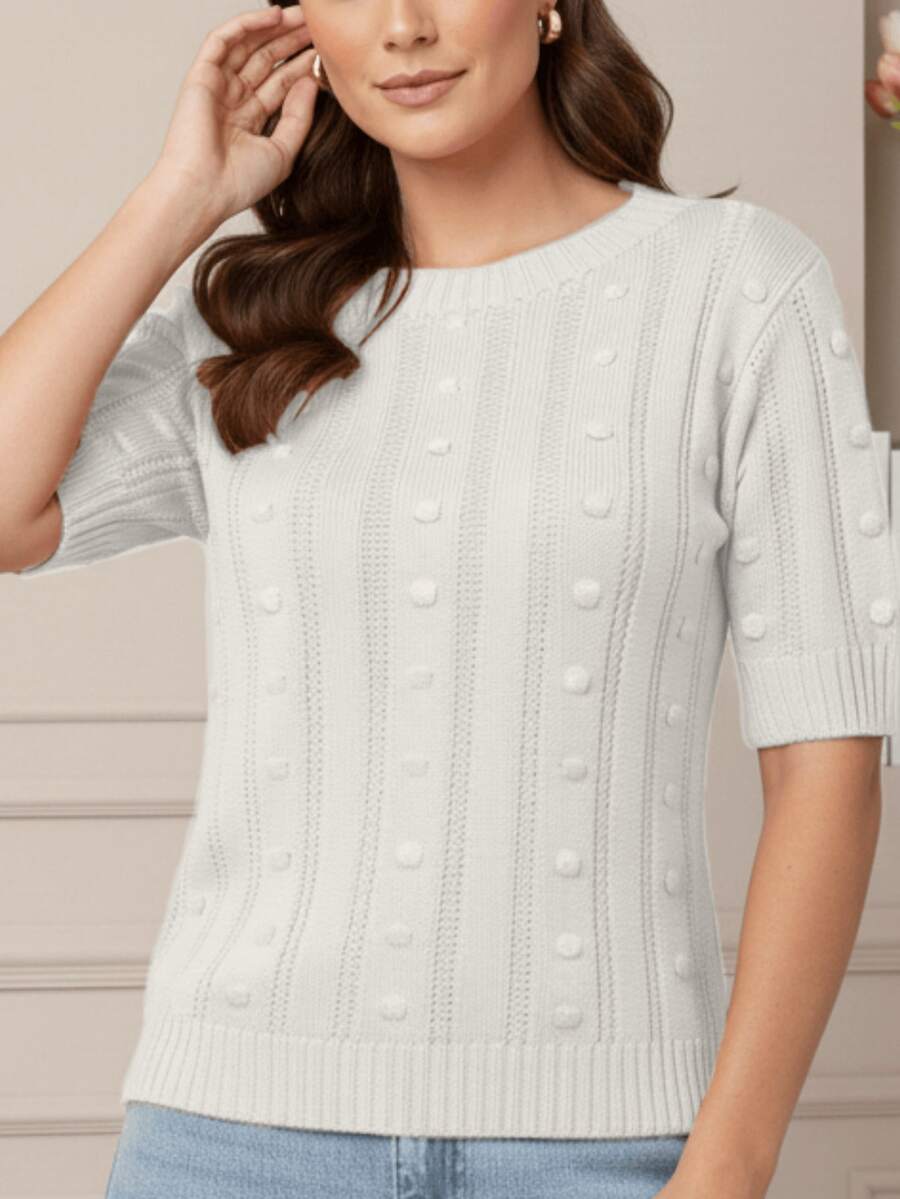 Women's Short-Sleeve Ribbed Knit Blouse, Basic, Casual, Elegant - Apagado - Ver 1