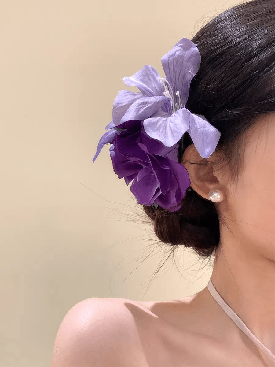 1pc 2-Flower Bicolor Purple Rose & Lily Faux Flower Hair Clip, Spring/Summer Vibe Photo Prop, Side Hairpin For Bridal, Photoshoot, Beach Vacation, Various Outfits