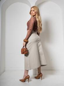 Long Jean Skirt With Frayed Hem - 奶油色 - View 6