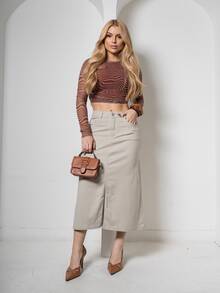 Long Jean Skirt With Frayed Hem - 奶油色 - View 5