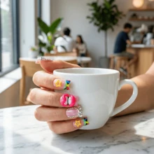 10pcs Handmade Short Duck Bill Press On Nails, Pink Jelly Base, 3D Lips Star Charms, Colorful Edge Design, Crystal Decorated Cute Statement Nails, For Party Vacation Photoshoot Daily Wear Gift For Women Girls Summer Easter - 粉色 - 查看 5