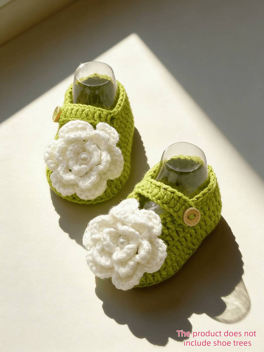 1 Pair Handmade Infant Booties, Green Crochet With White Flower Decor, Buckle Closure - Green - View 1