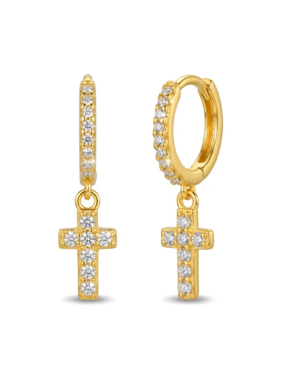 Bông tai bạc S925 hình thánh giá đính đá CZ, kiểu dáng thả dài, không gây dị ứng, quà tặng tôn giáo, trang sức.