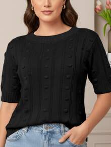 Women's Short-Sleeve Ribbed Knit Blouse, Basic, Casual, Elegant - Negro - Ver 5