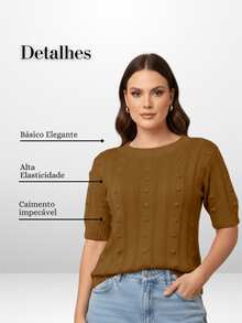 Women's Short-Sleeve Ribbed Knit Blouse, Basic, Casual, Elegant - Madera - Ver 2