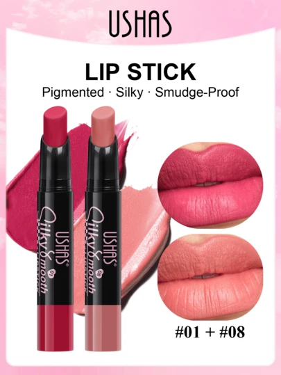  USHAS Matte Lipstick Duo, 2pcs Set, Cool Tone + Warm Tone Shades, Suitable For All Occasions, Smooth Application, Long-Lasting Color, Matte Finish Lipstick Set