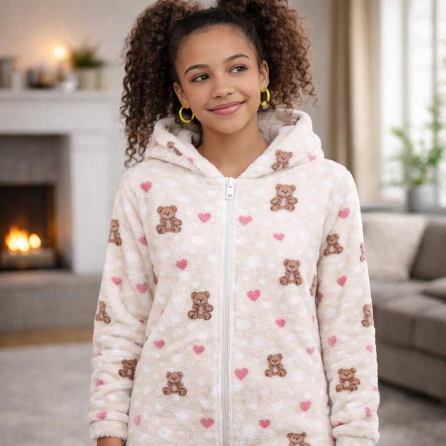 Girls' Fleece Jumpsuit With Hood - Comfortable And Warm Winter Clothing - Gấu bông Off-White - Xem 1