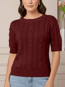 Blusa Tricot Feminino Manga Curta Canelada Básica Casual Elegante - Marsala - Visão 6
