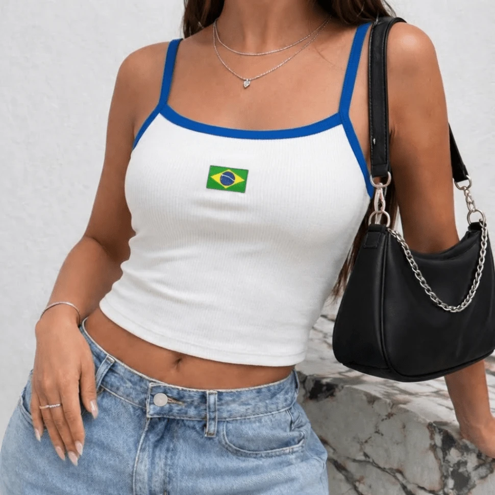 Women's Embroidered Tank Top With Straps, Baby Look Style, Brazil Y2K, Foreign Style. - White - View 1