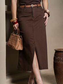 Women's Long Denim Skirt With Pockets, Flared Hem, Frayed Waist, Elegant - Café integral - Ver 3
