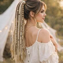 15 piezas Sujetadores de coleta con trenzado estilo bohemio, extensiones de cabello trenzado vikingo de 20 pulgadas de largo con ligas para el cabello, piezas de cabello sintético natural y ligero, adecuado para festivales y fiestas de disfraces - Multicolor - Ver 15