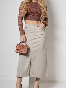 Long Jean Skirt With Frayed Hem - 奶油色 - View 3