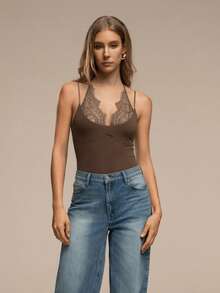 HZXVIC 女士夏季新款性感蕾丝拼接深V领吊带连体衣，优雅 - 棕色 - 查看 4