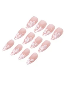 24pcs Summer Fresh Nude Almond-Shaped False Nails Set, Elegant White Floral Pattern, Minimalist Scandinavian Style Glossy Solid Color French Manicure Stickers, Suitable For Daily Wear - White - View 6