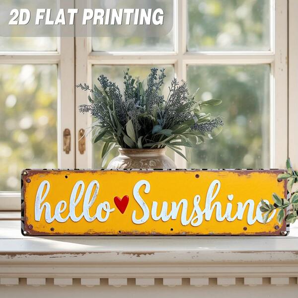 Biển hiệu kim loại phẳng 2D, 1 chiếc, tối giản "Hello Sunshine" - Trang trí nhà nông thôn mộc mạc với chữ "Hello Sunshine" và hình trái tim, kích thước lớn 4x16 inch (10x40cm), thích hợp cho nhà bếp, phòng khách, lối vào - Quà tặng tân gia, không cần dây điện, dễ lắp đặt, trang trí nhà cửa, thiết kế cổ điển, cấu trúc chắc chắn, dành cho người đam mê trang trí nhà cửa, biển hiệu kim loại, trang trí nhà nông thôn tối giản, biển hiệu kim loại cổ điển